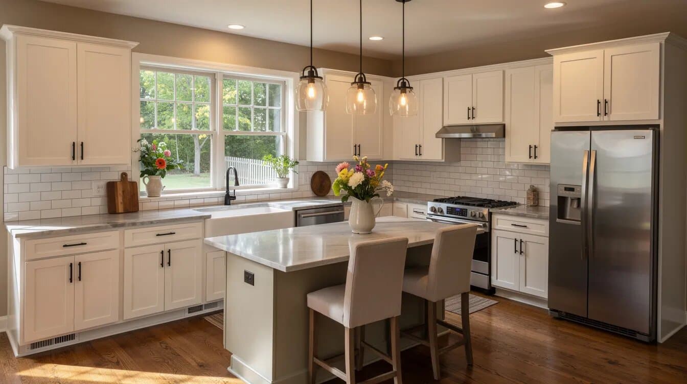 Remodeled U-shaped kitchen with quartz countertops and pendant lighting