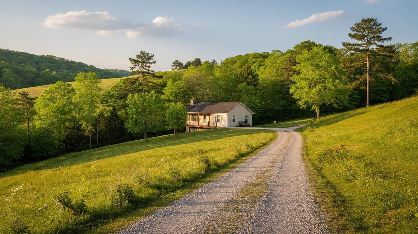 Single-story home on a wooded rural hillside in Tennessee with a gravel driveway