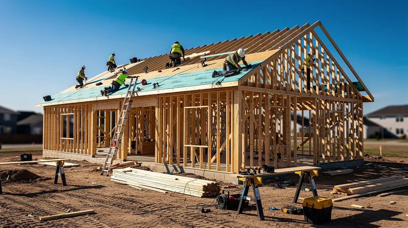 New home under construction with exposed wood framing and crews working on the roof