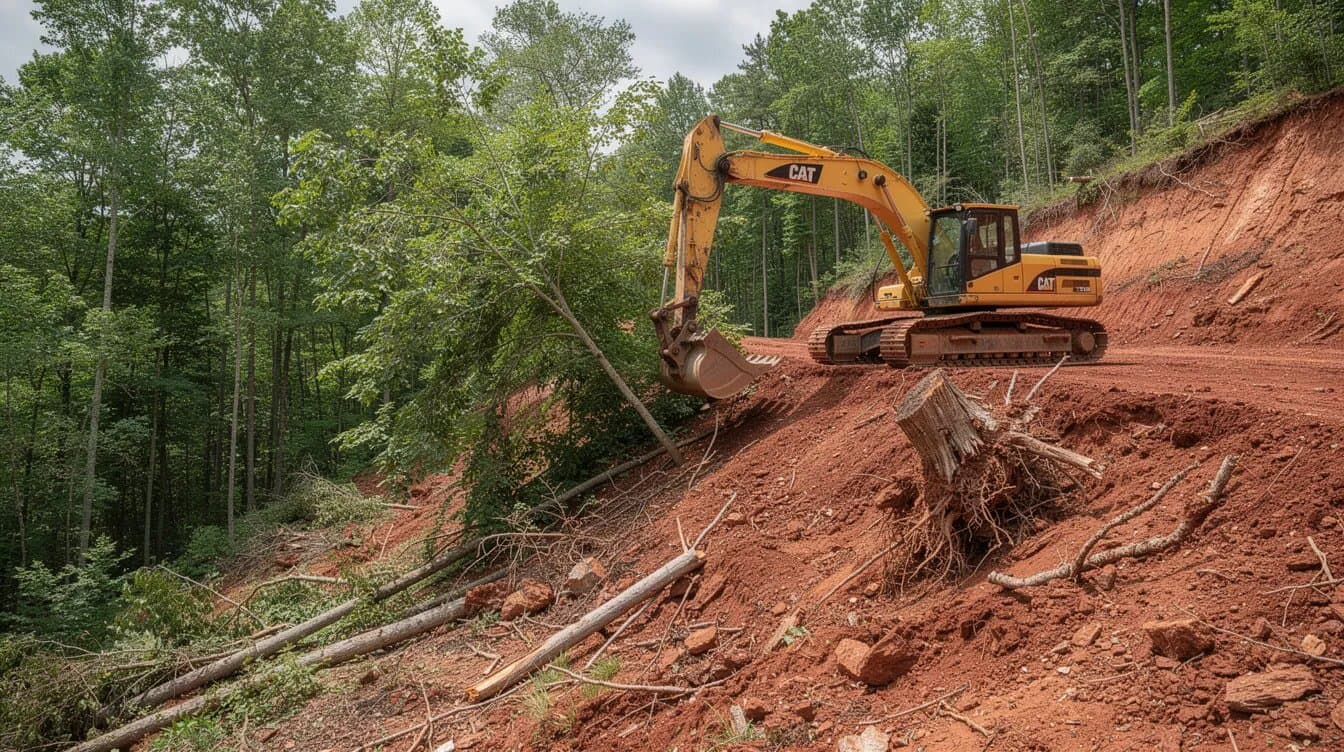 Excavator clearing trees on a wooded Tennessee hillside lot, exposing red clay soil