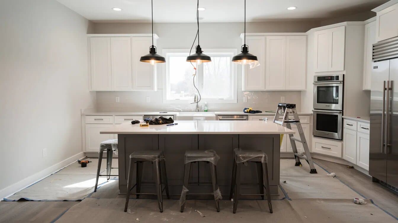Modern kitchen with white cabinets, a large island, and pendant lighting being installed
