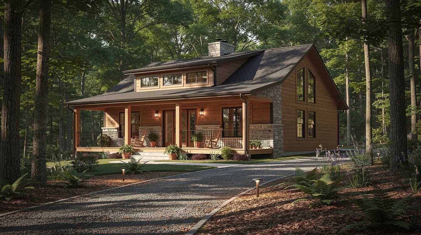 Wood-sided custom home with a covered porch and stone chimney on a wooded lot