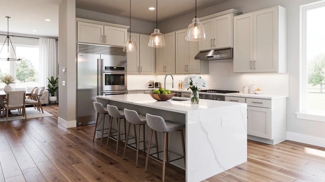 Open-concept kitchen with a marble island, pendant lights, and hardwood floors