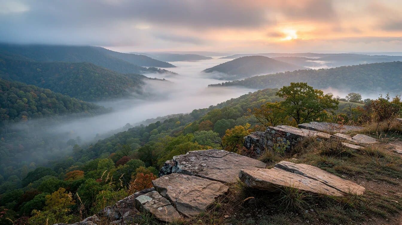 Morning mist over a forested valley on the Cumberland Plateau in East Tennessee