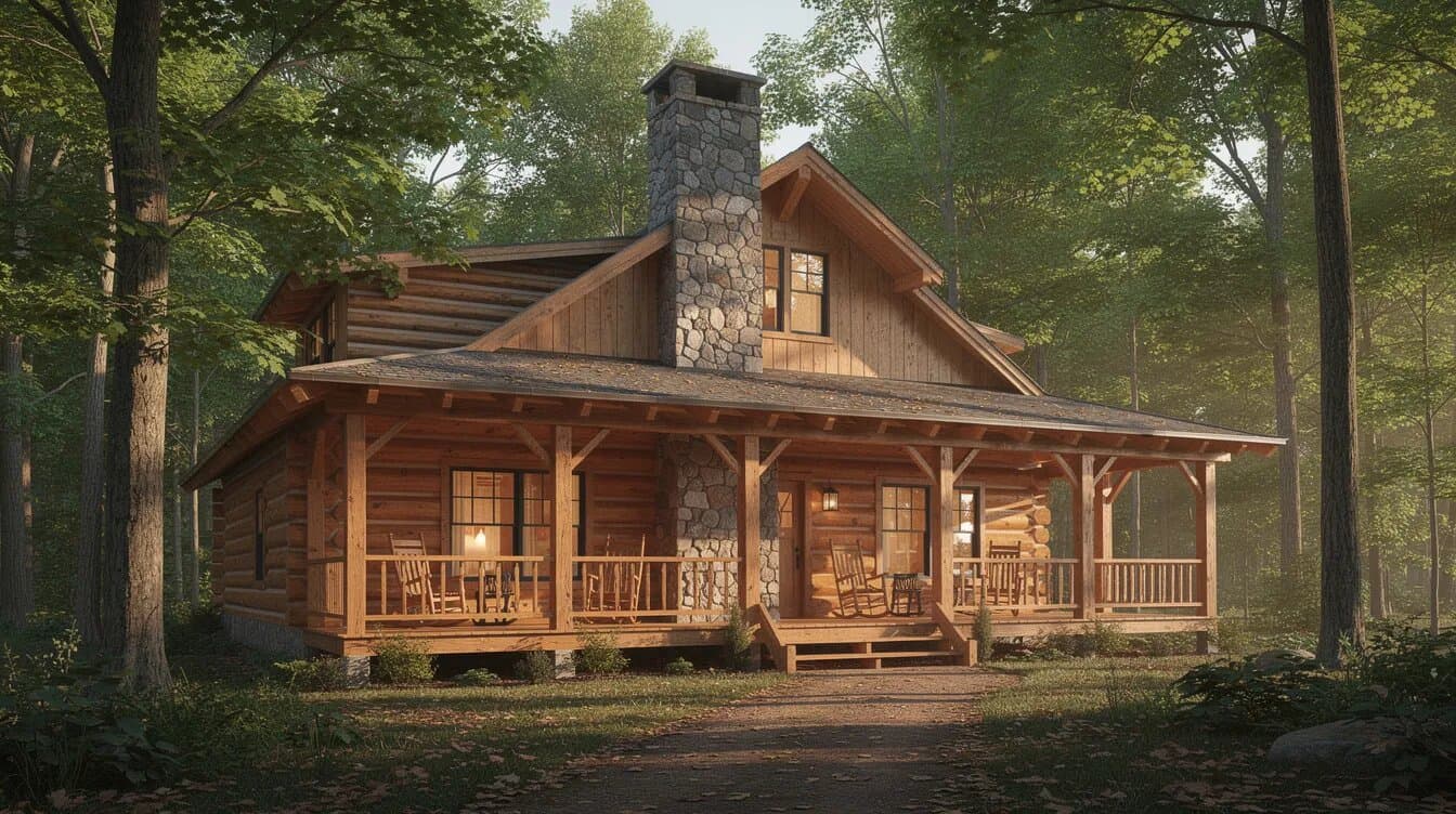 Custom log home with a stone chimney and covered porch surrounded by hardwood trees