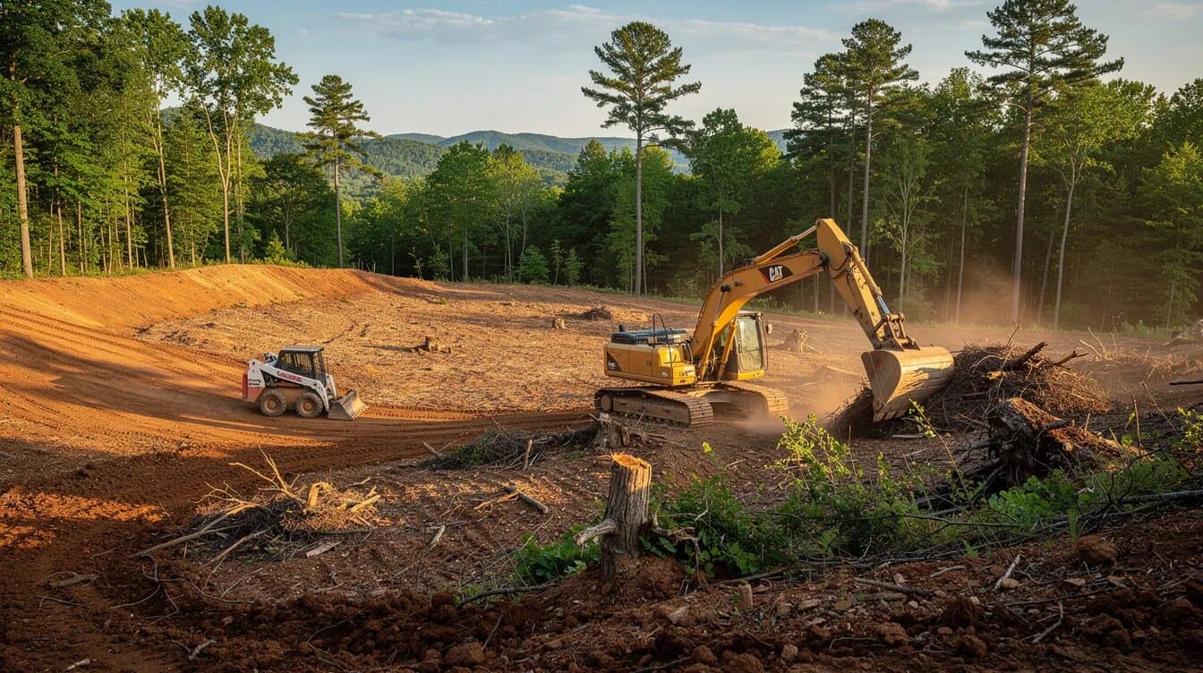 Equipment clearing a wooded building lot on a Tennessee hillside with perimeter trees left standing