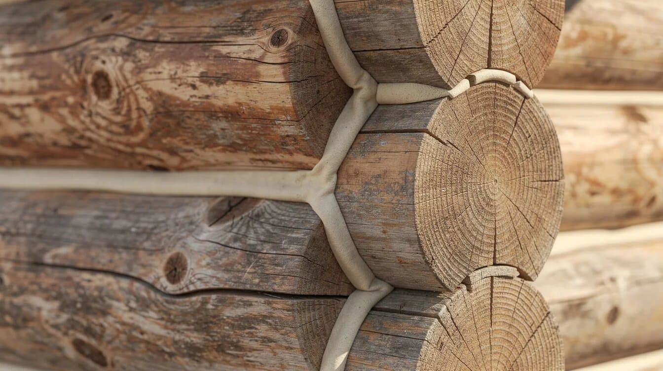 Close-up of a stacked log wall showing wood grain, corner notching, and chinking detail