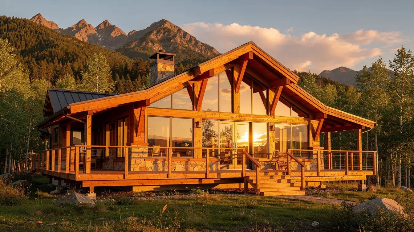 Timber frame log home with tall windows and a wrap-around deck against a wooded mountain ridge