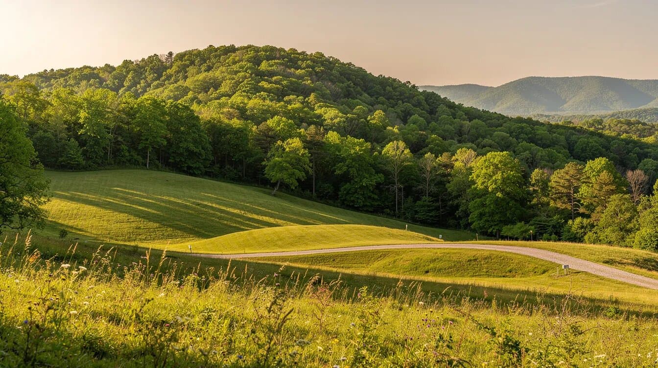 Rolling green hills, a gravel drive, and a wooded ridgeline in rural East Tennessee