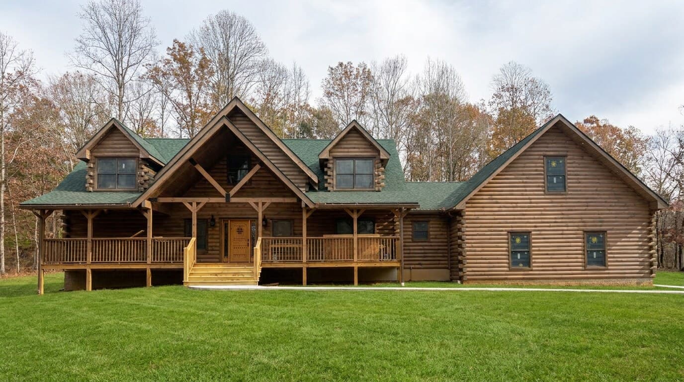 Two-story custom log home with a wraparound porch on a wooded Upper Cumberland lot